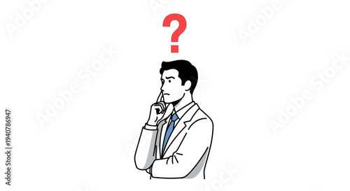 Confused businessman in a suit thinking with a red question mark above his head