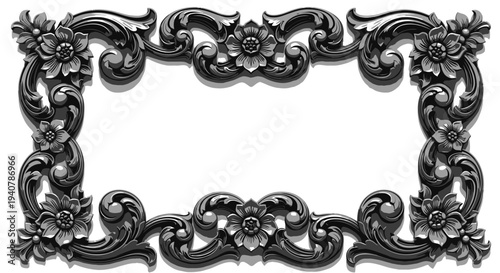 Ornate black baroque frame with floral scrollwork design on white background