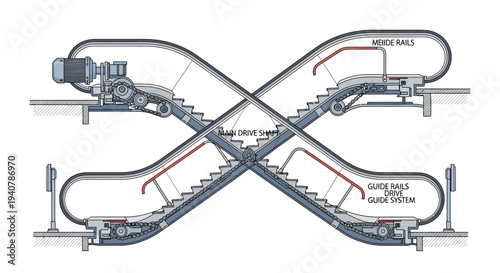 Cross sectional diagram of an escalator drive mechanism and guide rail system