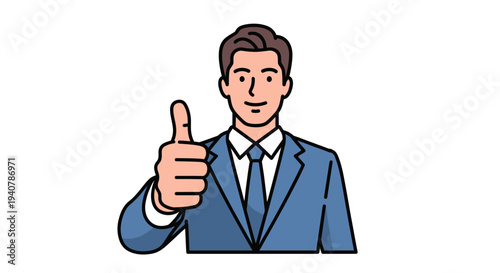 Businessman giving a thumbs up gesture, indicating approval and success.