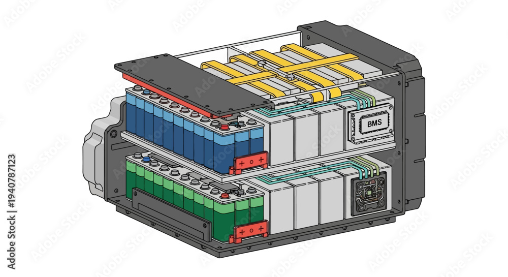 Obraz premium Cutaway illustration of a battery pack with BMS