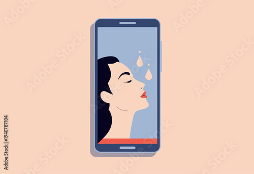 Illustration of Woman's Face on Smartphone Display Highlighting Digital Skincare Routine with Hydrating and Moisturizing Elements in Minimalist Style
