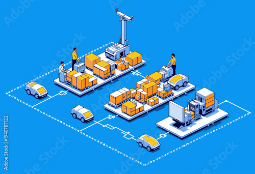 Isometric Illustration of Automated Delivery System Featuring Robots and Vehicles in a Warehouse Environment with Connected Logistics Network