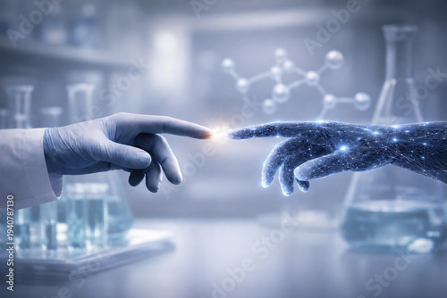 Artificial Intelligence in Biotechnology. Human and Digital Hand Connecting in Pharmaceutical Research Laboratory.