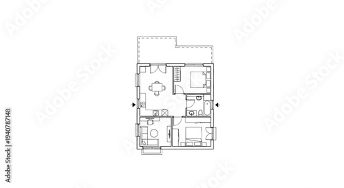 Minimalist floor plan of a house with furniture and dimensions