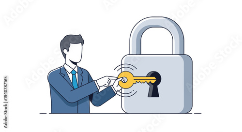 Businessman inserting key into a large padlock.