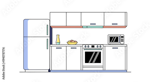 Modern kitchen interior with refrigerator, oven, and microwave.