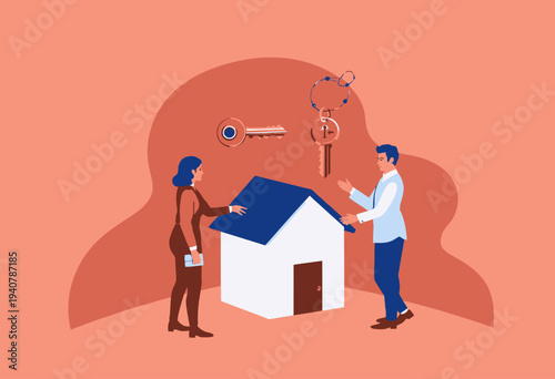 Illustration of a Real Estate Transaction Depicting Two Individuals Negotiating a Property Purchase with Symbolic Keys and a House Image on a Subtle Background