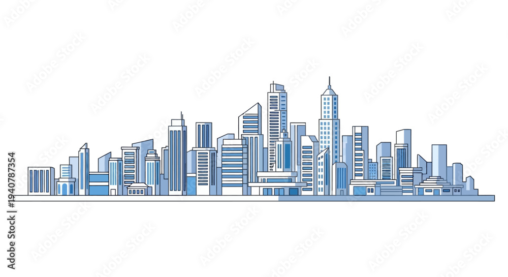 Obraz premium Modern city skyline illustration with blue and white buildings.