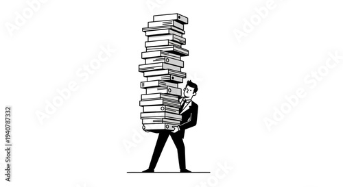Businessman carrying a tall stack of office binders illustration