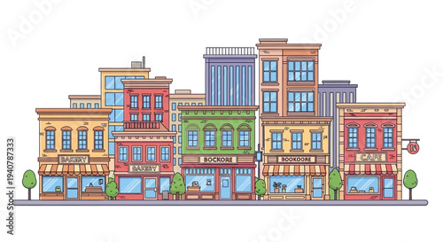 Colorful cartoon illustration of a city street with shops and cafes.