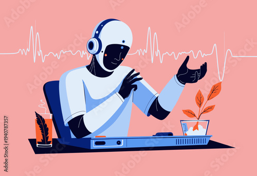 Futuristic AI robot engaged in creative art and music at a workstation with headphones, showcasing technology's role in enhancing digital creativity