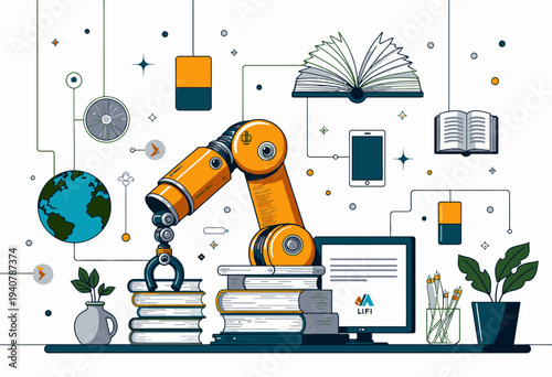 Illustration of Robotic Arm Organizing Books Amidst Technological Gadgets, Symbols of Education, and Connectivity in a Digital Learning Environment