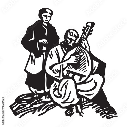 A musician plays and sings. Vector illustration, white background.
