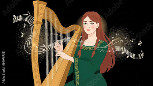 Woman playing harp with musical notes on black background elegant red hair green dress