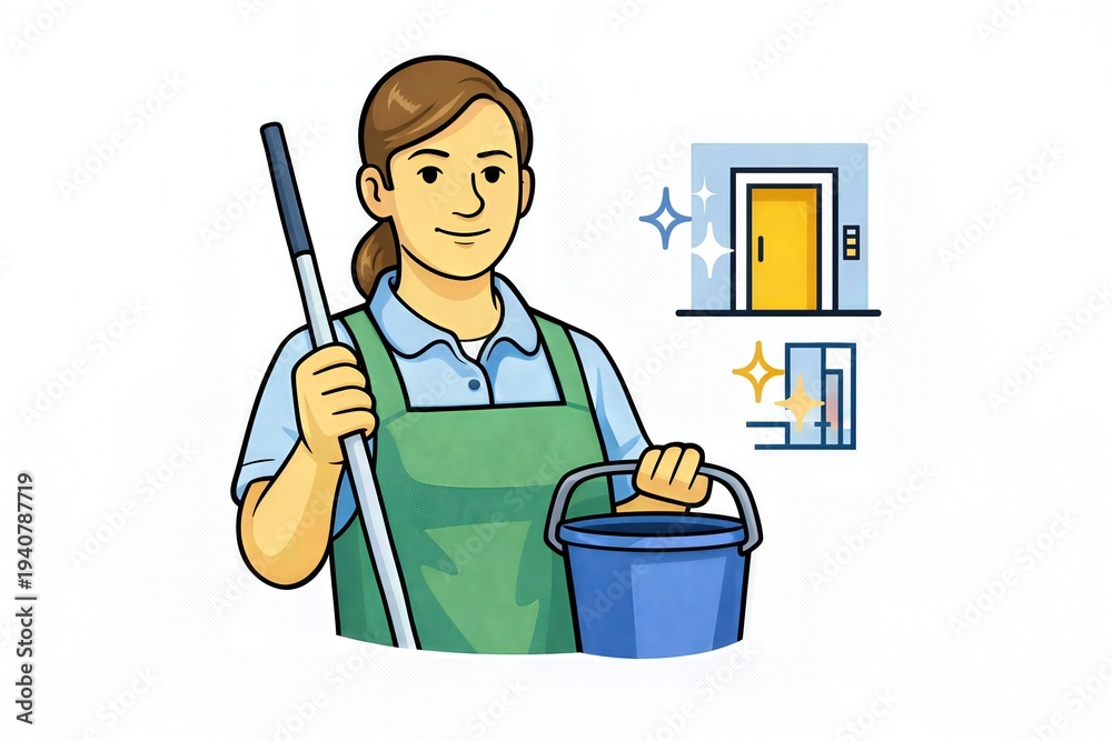 Fototapeta premium Cleaner holds a mop and bucket while showing clean doors and an elevator