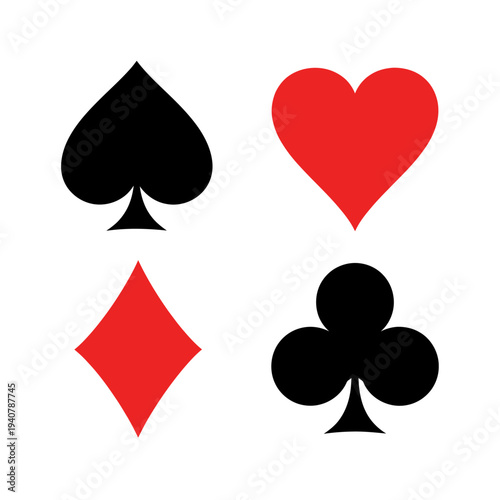 Set of four standard playing card suits spades, hearts, diamonds, and clubs, isolated on a white background for graphic design and gaming themes