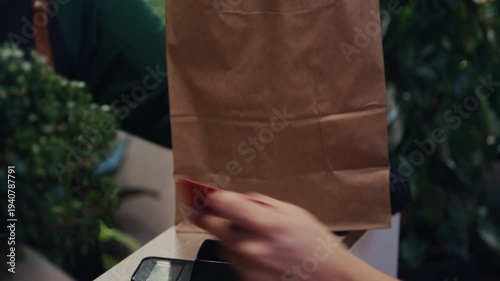 The video captures the final moments of a retail transaction as a customer pays electronically for a potted plant.