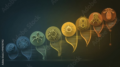 Stylized illustration of bacteria evolution ladder graphic showing resistance development in flat design with vibrant colors and distinct shapes