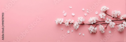 Cherry blossom branch with delicate white flowers and scattered petals on pastel pink background, minimal spring floral composition with copy space.