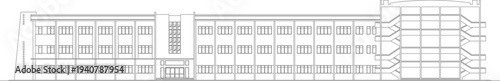Technical architectural elevation drawing showing elongated multi-story building complex with repetitive facade patterns, windows and varied section treatments.