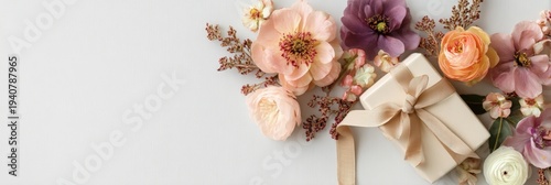 Elegant gift box with ribbon surrounded by pastel spring flowers on light background with copy space.