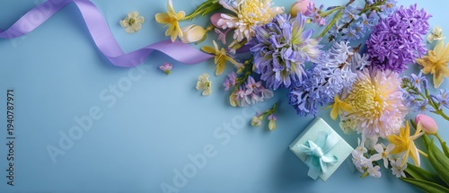 Pastel spring flowers, ribbon and a small gift box arranged on light blue background with copy space.