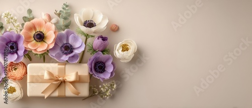 Gift box with satin ribbon surrounded by pastel spring flowers on beige background with copy space.