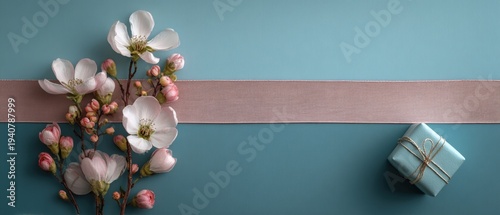 Spring blossom branch and small blue gift box with ribbon on pastel blue background with pink stripe, minimal festive composition with copy space.