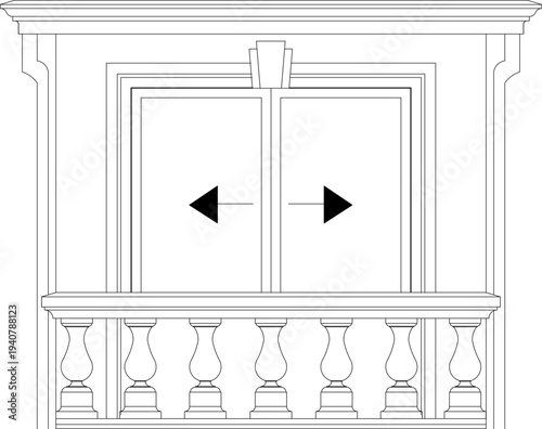 Technical architectural detail showing sliding door or window with classical balustrade railing, decorative molding and keystone element in elevation view.