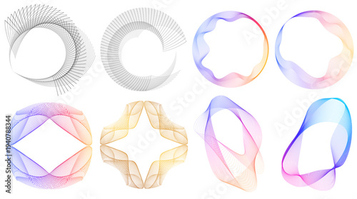 Abstract circular wave line shapes set. Modern design elements with gradient and monochrome variations, perfect for digital art, branding, posters, minimal backgrounds, and geometric compositions
