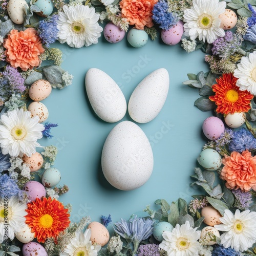 White eggs arranged as a bunny surrounded by colorful spring flowers and pastel Easter eggs on a blue background.