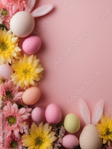 Pastel Easter eggs and spring flowers arranged on pink background with bunny ears and copy space.
