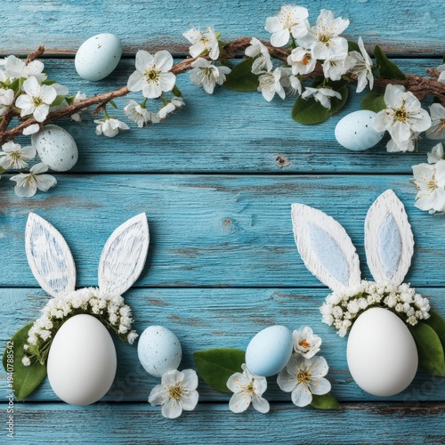 Easter eggs decorated as bunny faces with spring blossoms and pastel eggs on rustic blue wooden background.