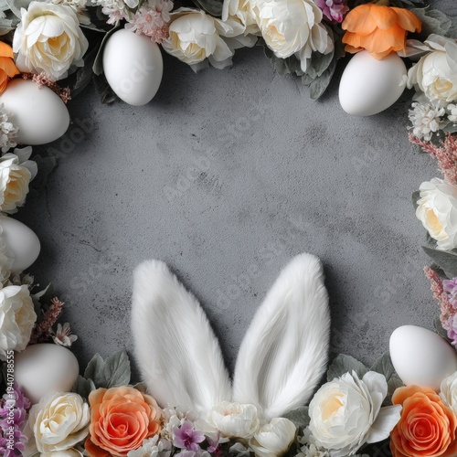 Easter background with white eggs, spring flowers and fluffy bunny ears framing empty gray space for text.