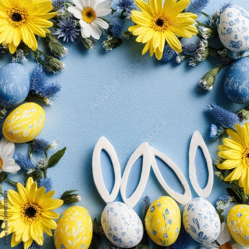 Easter eggs and bunny ears frame with yellow and white flowers on pastel blue background, leaving copy space in the center.