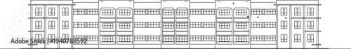 Technical architectural elevation drawing showing multi-story residential building complex with repetitive facade patterns, windows, balconies and symmetrical design.