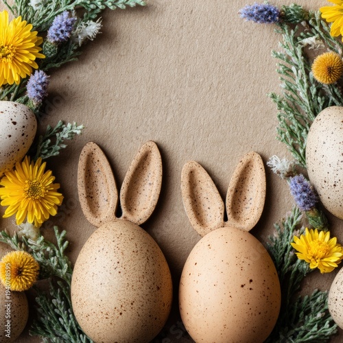 Speckled Easter eggs arranged as bunny faces with flowers and greenery on kraft paper background, creating a festive spring holiday border.