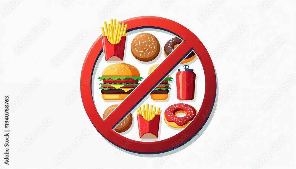custom made wallpaper toronto digitalStop sign symbol warns against burgers fries donuts soda. Healthy eating choices promote wellness. Reject fast food junk food for better health. Avoid unhealthy diet.