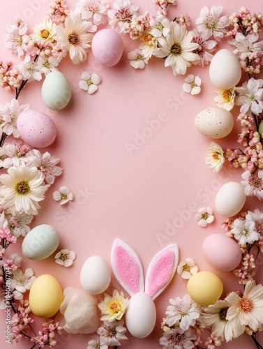 Pastel Easter eggs and spring flowers arranged in a frame on pink background with bunny ears decoration and copy space in the center.
