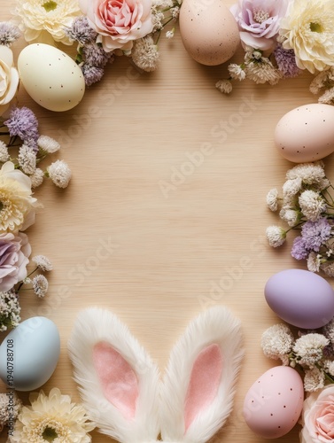 Pastel Easter eggs and spring flowers framing wooden background with fluffy bunny ears at bottom, leaving copy space in the center.
