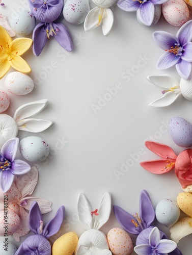 Pastel Easter eggs and spring flowers forming a colorful frame on a light background with copy space in the center.