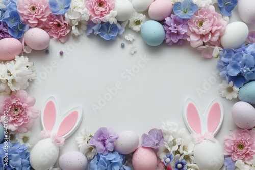 Pastel Easter eggs and spring flowers forming a border with bunny ear decorations and copy space in the center.