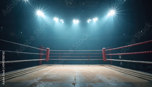 Empty boxing ring with bright overhead spotlights. Arena ropes glow in blue haze. Combat sports venue is ready for fight. Match anticipation builds.