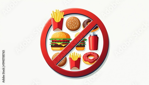 Wallpaper Mural Stop sign symbol warns against burgers fries donuts soda. Healthy eating choices promote wellness. Reject fast food junk food for better health. Avoid unhealthy diet. Torontodigital.ca