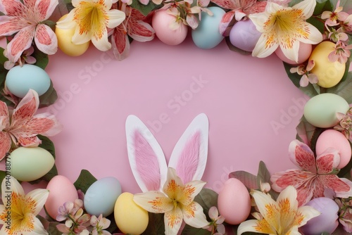 Pastel Easter eggs and spring flowers forming a frame around bunny ears on a pink background with copy space.
