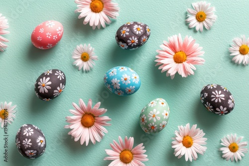 Pattern of colorful daisy-decorated Easter eggs and pink daisies on a mint green background, creating a bright spring holiday flat lay.