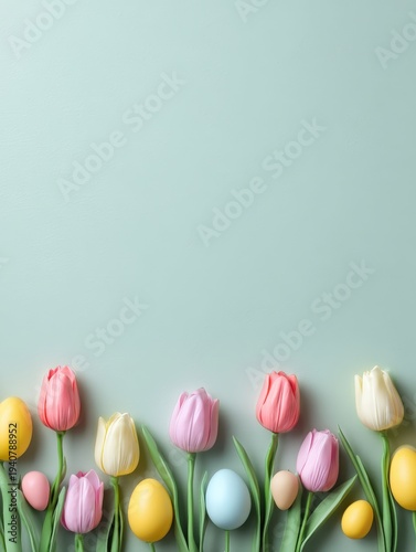 Pastel tulips and colorful Easter eggs arranged in a row on a light mint background with copy space.