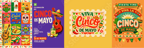 Cinco de Mayo colorful vector poster set with sombrero, guitar, tequila, tacos and festive decorations. Mexican fiesta celebration design with bright traditional elements and holiday typography.