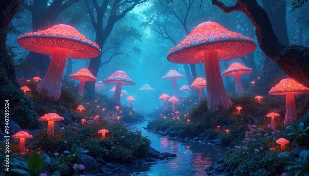 Obraz premium Enchanted forest with giant glowing mushrooms beside a stream. Mystical fantasy woods at night with bioluminescent flora and fog. Magical nature scene with surreal vibe.